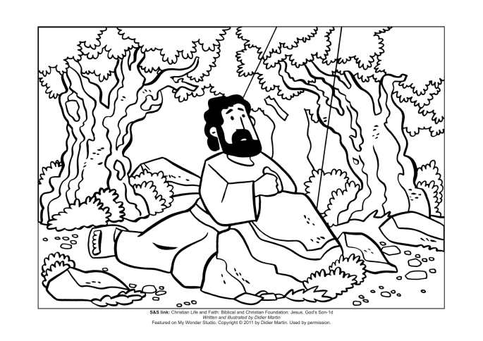 Jesus prays in the Garden of Gethsemane coloring page for children
